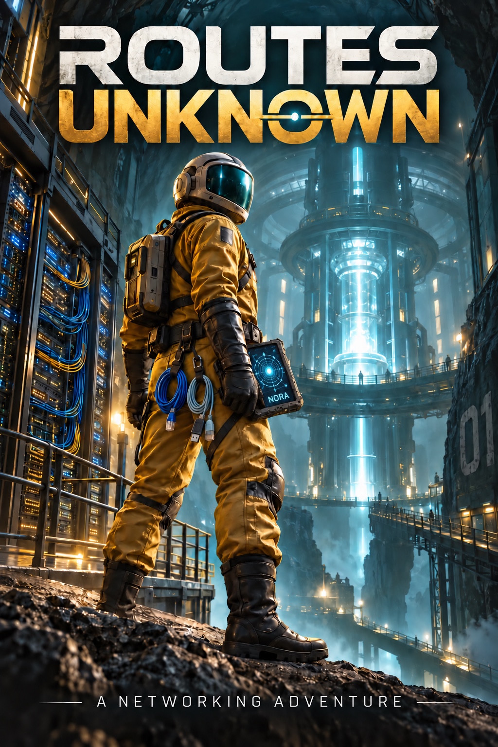 Routes Unknown concept poster: a suited explorer carrying a NORA device beside network equipment and a glowing tower.